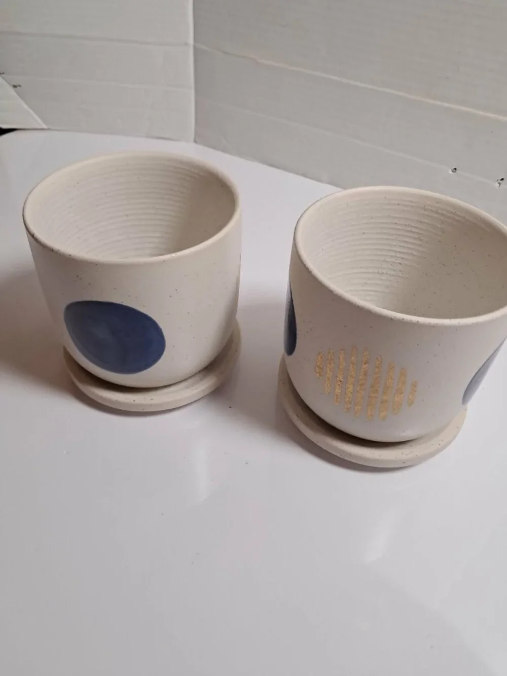2 Pc Beige Ceramic Vases Blue Gold Speckled Set